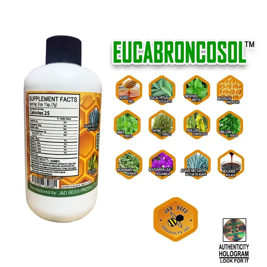 EUCABRONCOSOL - honey Syrup with Thyme, Eucalyptus, Mint and more Extracts, 12oz, White Bottle Presentation