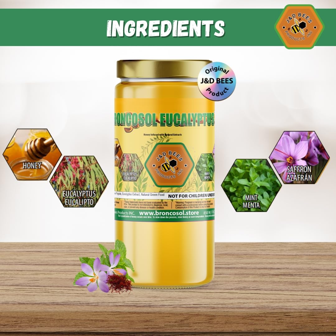 BRONCOSOL EUCALYPTUS - honey with Zaffron, Eucalyptus, Mint and more Extracts, Supports Clear Breathing & Refreshing Relief, 12oz