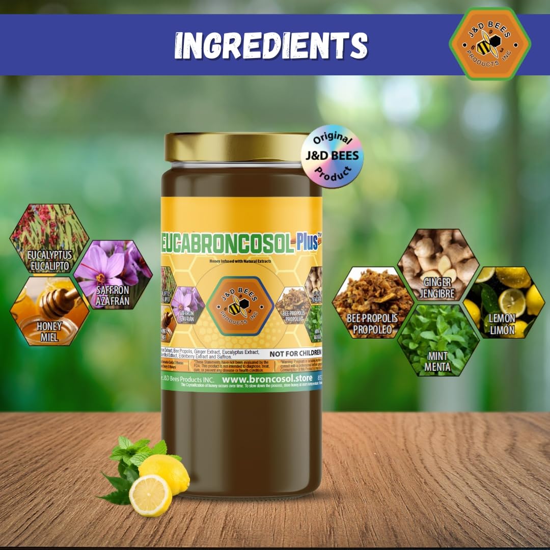 EUCABRONCOSOL PLUS – Honey Syrup with Lemon, Ginger, Mint, Saffron, Elderberry & Eucalyptus Extracts | Refreshing Syrup with Natural Ingredients, 12oz