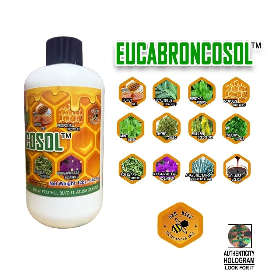 EUCABRONCOSOL - honey Syrup with Thyme, Eucalyptus, Mint and more Extracts, 12oz, White Bottle Presentation